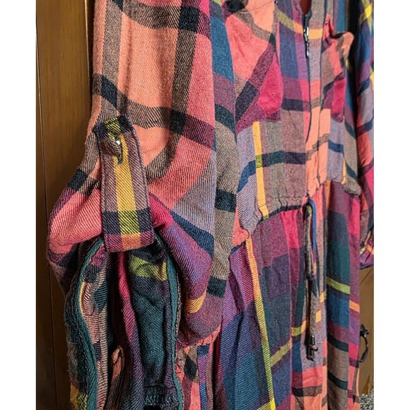Torrid Plaid Dress Size 2 Orange Blue Zip Pockets Roll Sleeves Cinch Waist - Picture 2 of 9